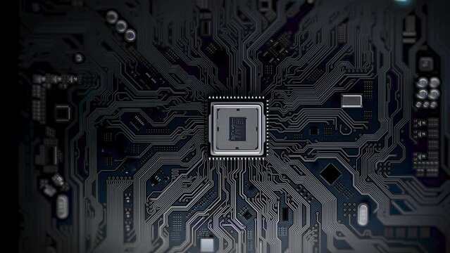 PC motherboard with the processor, from which electrical signals are distributed throughout system. 3D rendering of processes inside the computer. Visualization of data processing by the circuit board