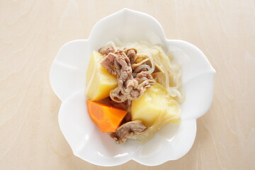 Homemade, Japanese braised beef and carrot with potato and Konjac noodles