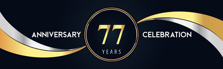 77 years anniversary celebration logo design with gold and silver creative shape on black pearl background. Premium design for poster, banner, weddings, birthday party, celebration event.