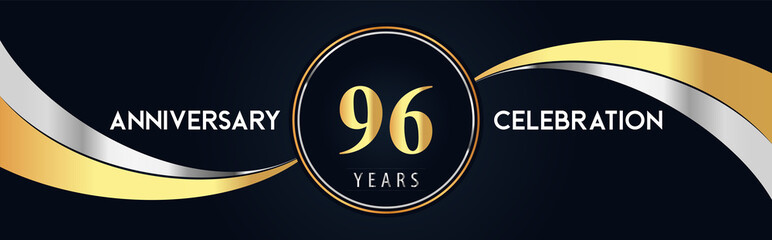 96 years anniversary celebration logo design with gold and silver creative shape on black pearl background. Premium design for poster, banner, weddings, birthday party, celebration event.