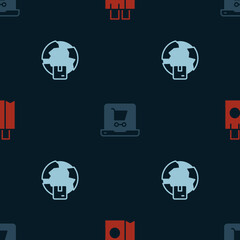 Set Paper shopping bag, Shopping cart on screen laptop and Worldwide shipping on seamless pattern. Vector