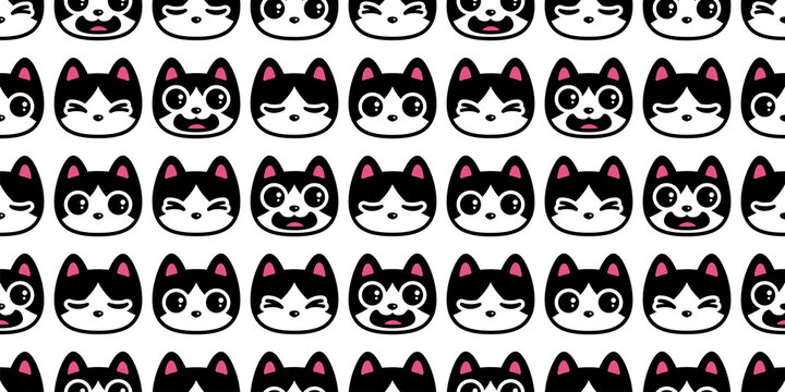 cat seamless pattern kitten calico vector neko breed character cartoon pet face head smile scarf isolated tile background repeat wallpaper animal doodle illustration design