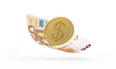 Dollar coin with 50 euro bill isolated on white. 3D illustration