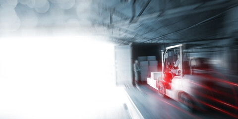 Forklift loader in storage warehouse . Distribution products. Delivery. Logistics. Transportation....