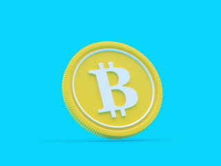 One bitcoin coin on blue. 3D illustration