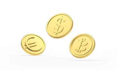 Coins with bitcoin and dollar with euro signs. 3d illustration