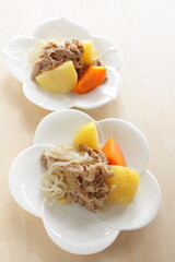 Homemade, Japanese braised beef and carrot with potato and Konjac noodles