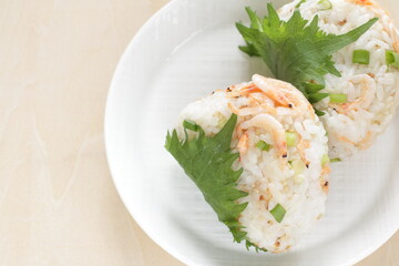 Homemade Japanese shrimp and Shiso herbal rice ball 