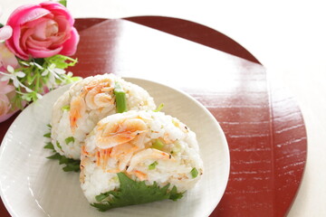Homemade Japanese shrimp and Shiso herbal rice ball 