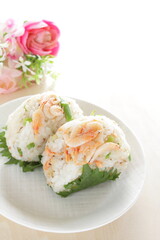 Homemade Japanese shrimp and Shiso herbal rice ball 