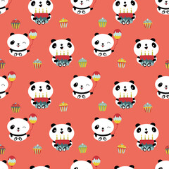 Kawaii panda Happy Birthday vector seamless pattern background. Cute backdrop with laughing cartoon bears holding cakes, balloons, cupcakes. Bright gender neutral repeat for baby and kids birthday