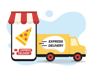 Food and goods delivery service. Free pizza delivery. Online ordering and tracking in the mobile application. Happy courier rides a van. Vector illustration in cartoon style