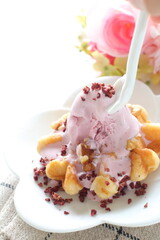 Strawberry ice-cream on Belgium waffle for dessert image
