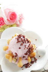 Strawberry ice-cream on Belgium waffle for dessert image
