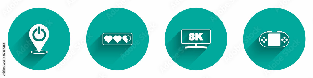 Poster set power button, game life bar, computer monitor and portable video game console icon with long sha
