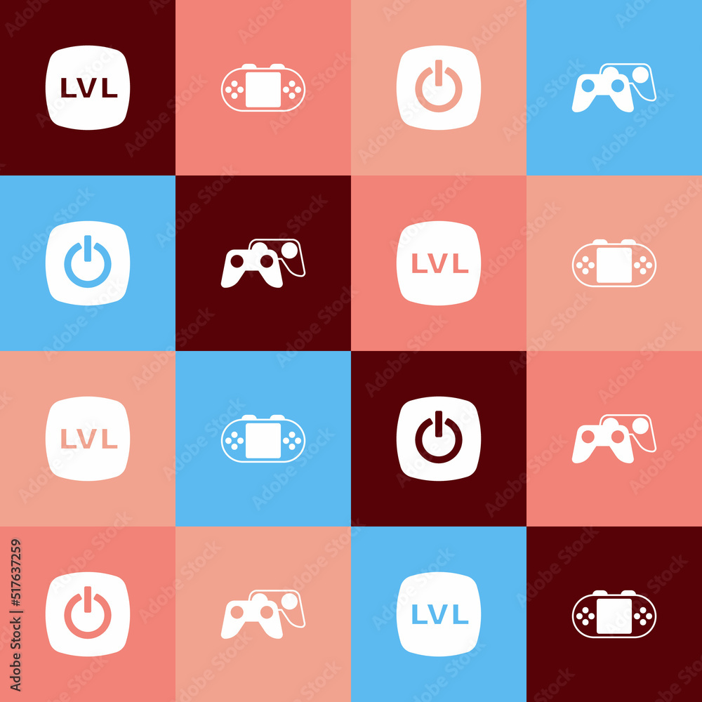 Poster set pop art level game, portable video console, power button and game controller joystick icon. vect