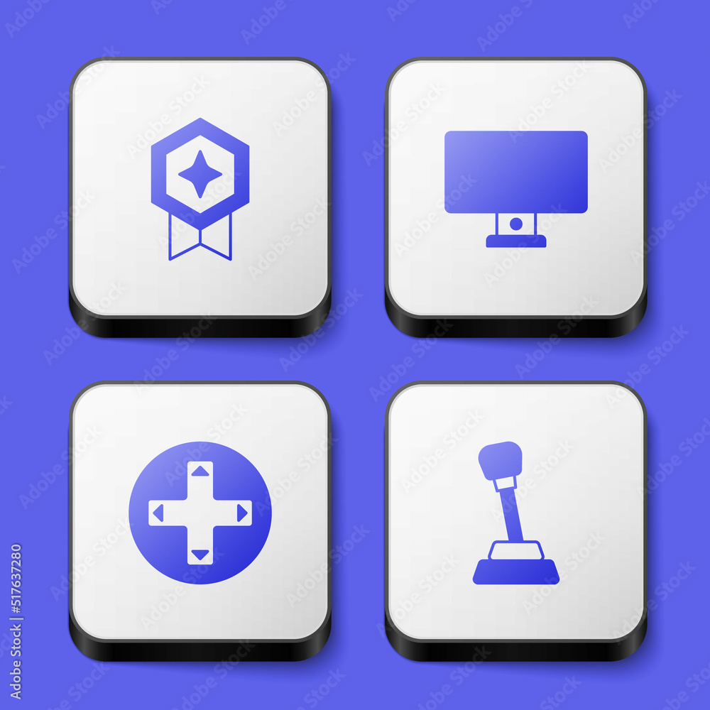 Poster set game rating with medal, computer monitor, controller joystick and gear shifter icon. white squar
