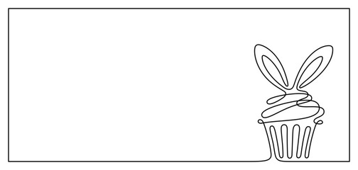 Continuous one line frame with Christmas or Easter cake, muffin, cupcake with rabbit ears. Vector greeting card, background with outline Chinese New Year symbol 2023 and copy space for text