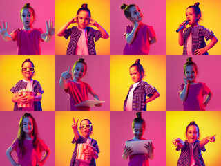 Set of images of little girl, cute kid isolated on yellow pink background. Education, emotions, facial expression and childhood concept. Model wearing casual clothes