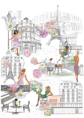 Series of street views with beautiful women and sights in France. Hand drawn vector architectural background with historic buildings. - 517637272