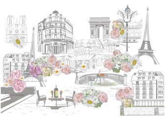 Series of street views with cafes in Paris. Hand drawn vector architectural background with historic buildings. - 517637275