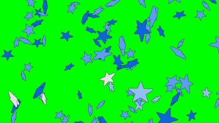 Toon blue star objects on green chroma key background.
3DCG confetti illustration for background.