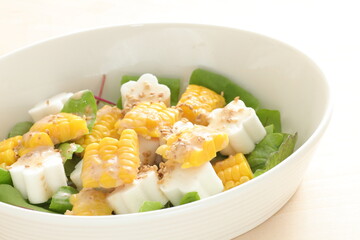 Homemade sweetcorn and Japanese white fish cake and sesame salad