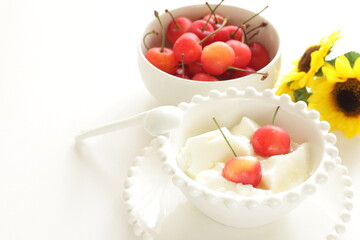 Cherry and Chinese Almond tofu with honey syrup for gourmet dessert