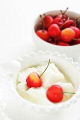 Cherry and Chinese Almond tofu with honey syrup for gourmet dessert