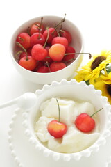Cherry and Chinese Almond tofu with honey syrup for gourmet dessert
