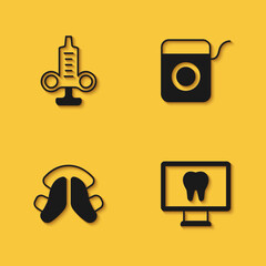 Set Syringe, Online dental care, Dental tooth plate and floss icon with long shadow. Vector