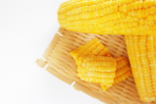 Summer boiled sweet corn, on bamboo basket for healthy food image