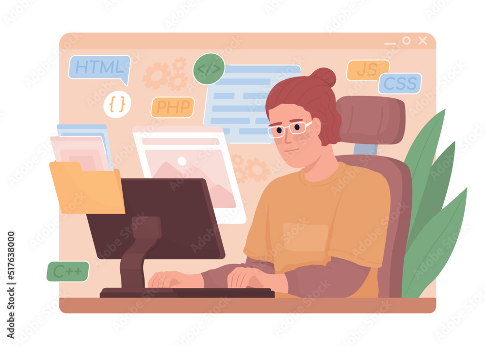 Poster web designer makes portfolio 2d vector isolated illustration. remote work flat character on cartoon 