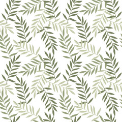 Green leaves seamless pattern vector. Abstract branches floral illustration. Natural summer holiday backdrop. Wallpaper, background, fabric, textile, print, wrapping paper or package design.