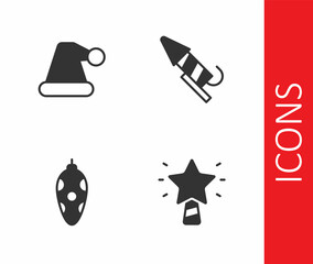 Set Christmas star, Santa Claus hat, toy and Firework rocket icon. Vector