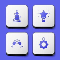 Set Christmas tree, star, Glass of champagne and toy icon. White square button. Vector