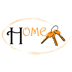 Illustration with the inscription house and house keys, black and orange colors, silhouettes of house keys, logo, key icon