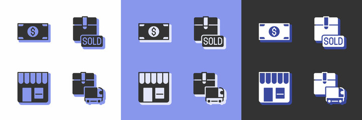 Set Delivery cargo truck, Stacks paper money cash, Market store and Sold icon. Vector