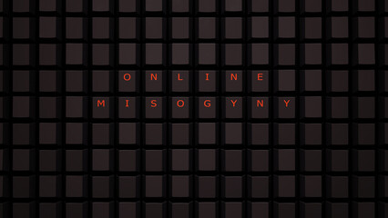 Online Misogyny Concept Illuminated Orange Keys on a Black Keyboard Grid Wall Spelling the Word Misogyny 3d illustration render