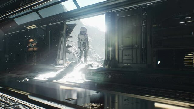 An astronaut from a wrecked ship explores the surroundings of a new unexplored planet. The concept of an astronaut exploring a planet. The animation is perfect for space, sci-fi backgrounds.