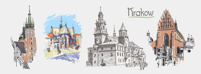 Obraz premium Set of Original sketch drawing of old medieval church in Krakow with hand lettering inscription, Poland.