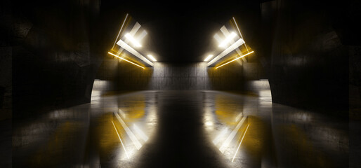 Spaceship Sci Fi Futuristic Glowing Neon Yellow Hallway Tunnel Corridor Underground Showroom Cement Concrete Floor Alien 3D Rendering