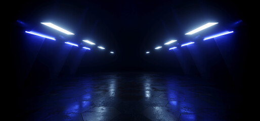 Futuristic Sci Fi Concrete Grunge Garage Hallway Hangar Basement Showroom Parking Stage Tunnel Corridor Cyber Glowing Light Strips Dark 3D Rendering