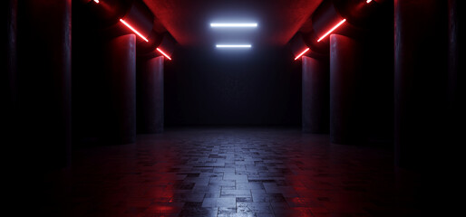 Futuristic Sci Fi Concrete Grunge Garage Hallway Hangar Basement Showroom Parking Stage Tunnel Corridor Cyber Glowing Neon Strips Dark 3D Rendering
