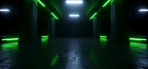 Futuristic Sci Fi Concrete Grunge Garage Hallway Hangar Basement Showroom Parking Stage Tunnel Corridor Cyber Glowing Neon Strips Dark 3D Rendering