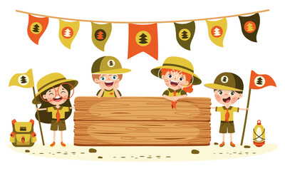 Naklejka premium Cartoon Scouts With Wooden Signboard