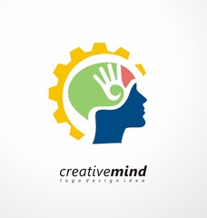 Creative minds logo design concept with colorful human profile, hand silhouette and gear shape. Vector symbol illustration.