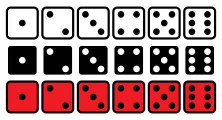 Vector black, white and red dice cubes icons set isolated on white background