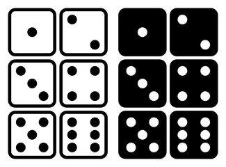 Game dice set isolated on white background. Set of dice in flat and linear design from one to six. Traditional game die with marked with different numbers of dots or pips from 1 to 6. Vector