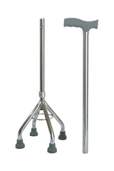 Walking Stick is a quad base with rubber feet that are height adjustable isolated on white background with a clipping path. Medical devices.